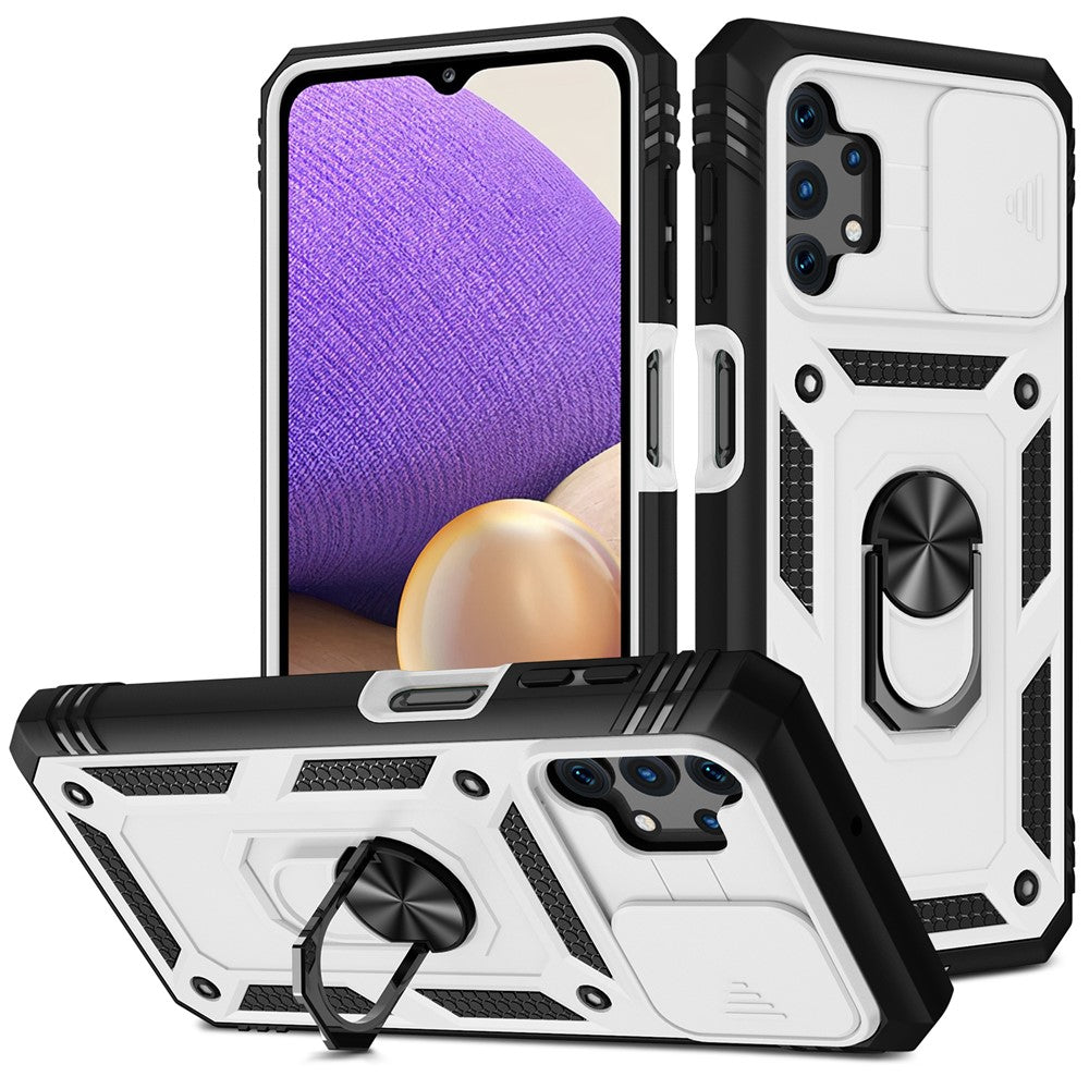 Slide Camera Protector PC + TPU Phone Case Shell with Kickstand and Card Slot for Samsung Galaxy A32 5G/M32 5G - White/Black