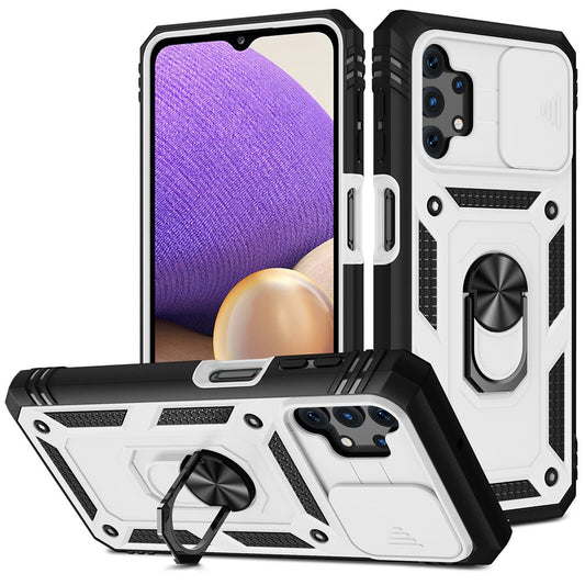 Slide Camera Protector PC + TPU Phone Case Shell with Kickstand and Card Slot for Samsung Galaxy A32 5G/M32 5G - White/Black