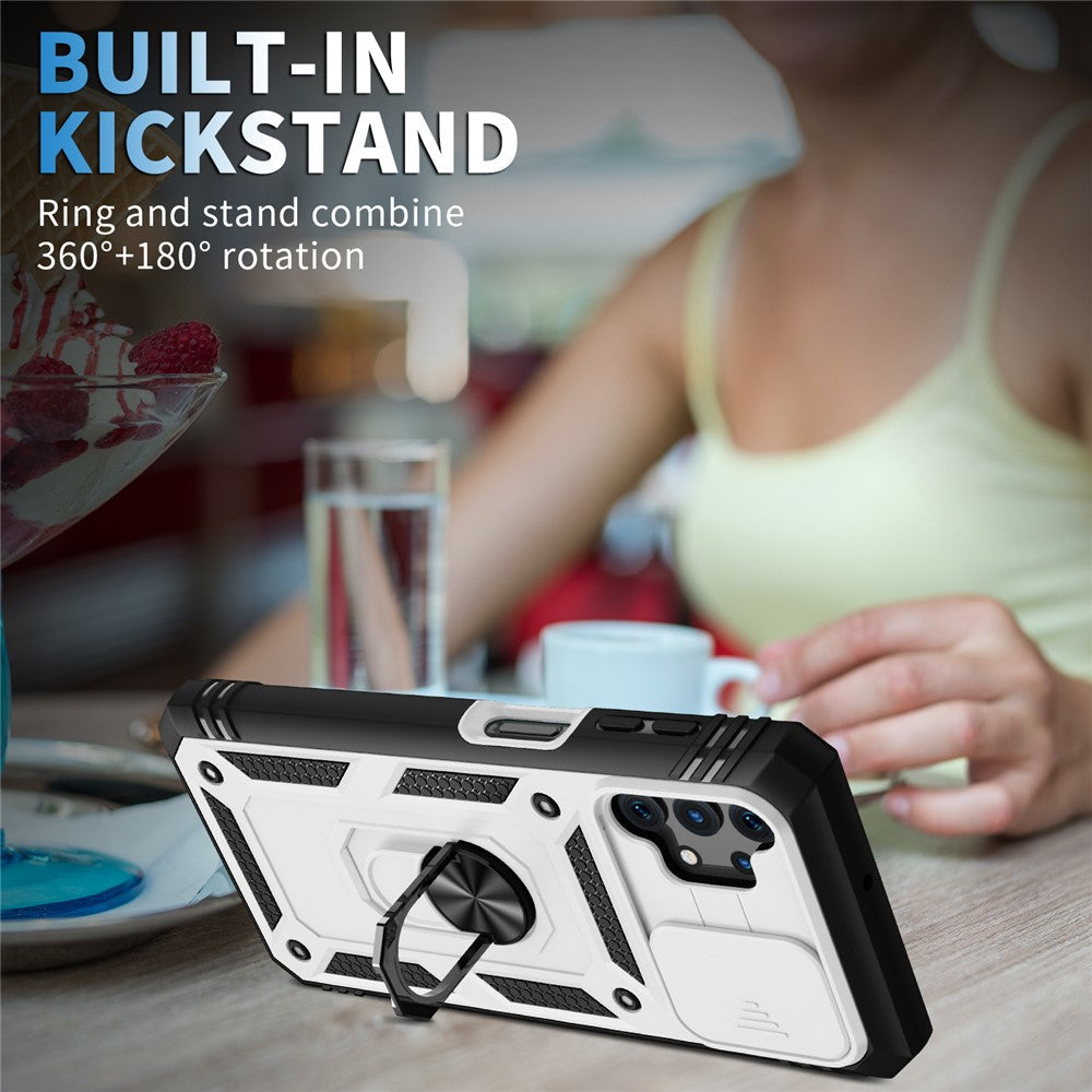 Slide Camera Protector PC + TPU Phone Case Shell with Kickstand and Card Slot for Samsung Galaxy A32 5G/M32 5G - White/Black