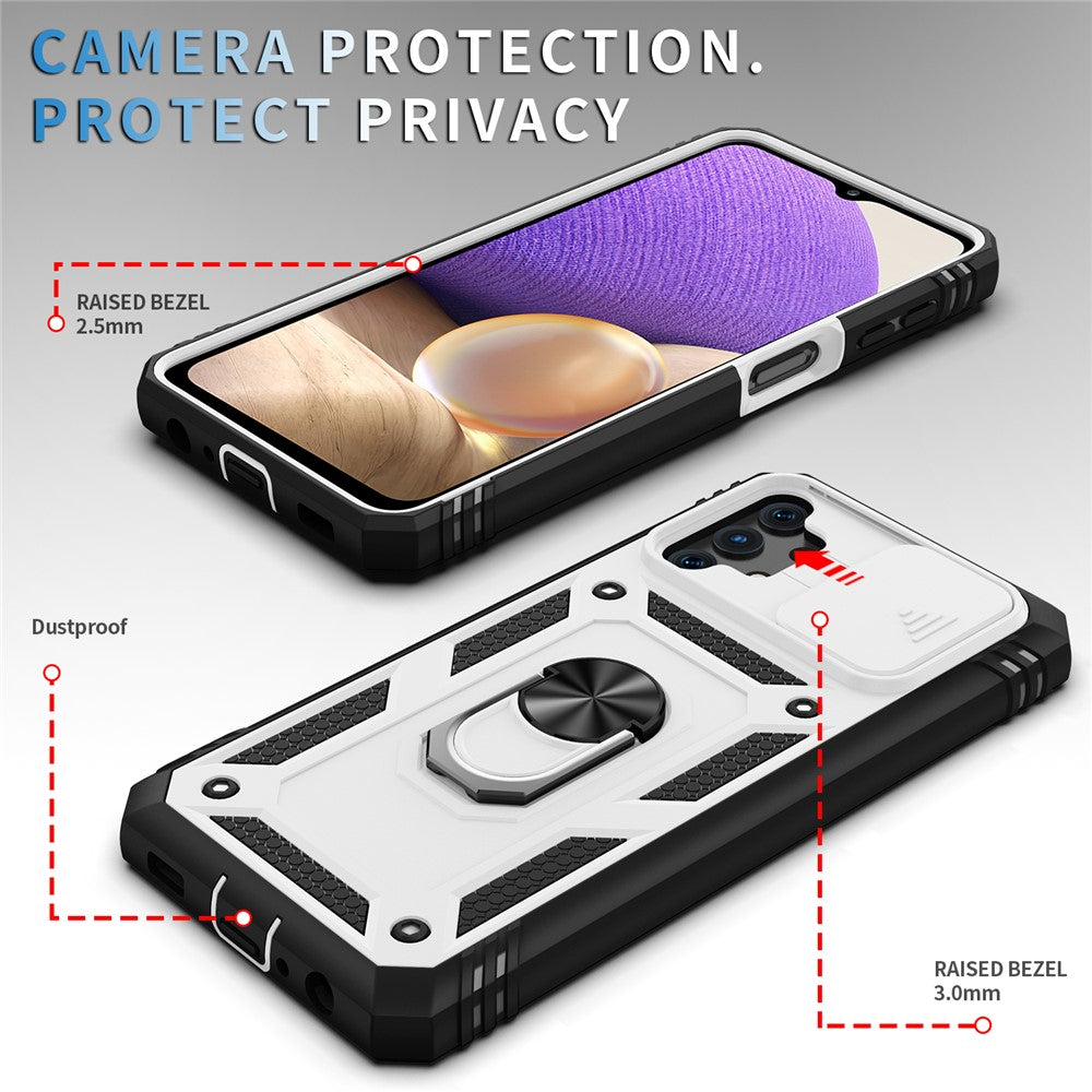 Slide Camera Protector PC + TPU Phone Case Shell with Kickstand and Card Slot for Samsung Galaxy A32 5G/M32 5G - White/Black