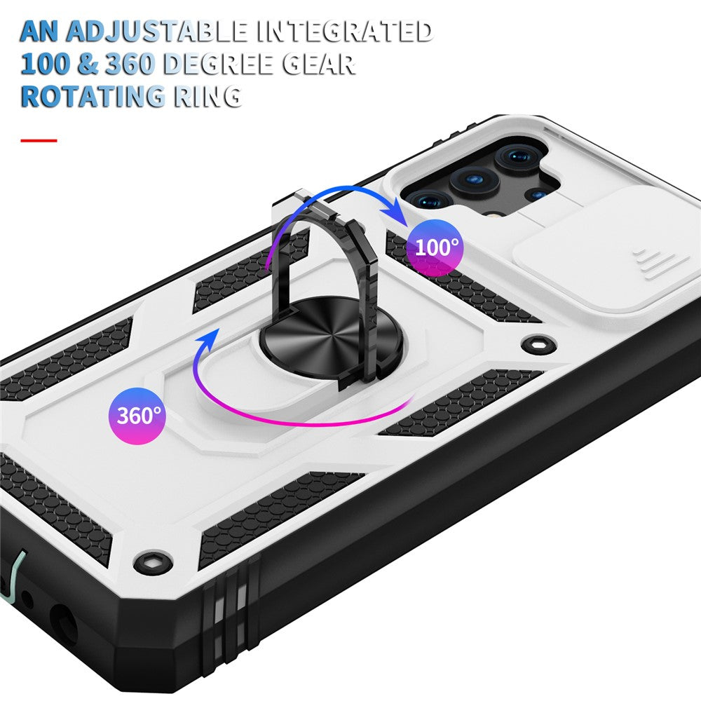 Slide Camera Protector PC + TPU Phone Case Shell with Kickstand and Card Slot for Samsung Galaxy A32 5G/M32 5G - White/Black