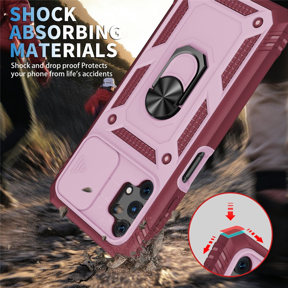 Slide Camera Protector PC + TPU Phone Case Shell with Kickstand and Card Slot for Samsung Galaxy A32 5G/M32 5G - Pink/Red