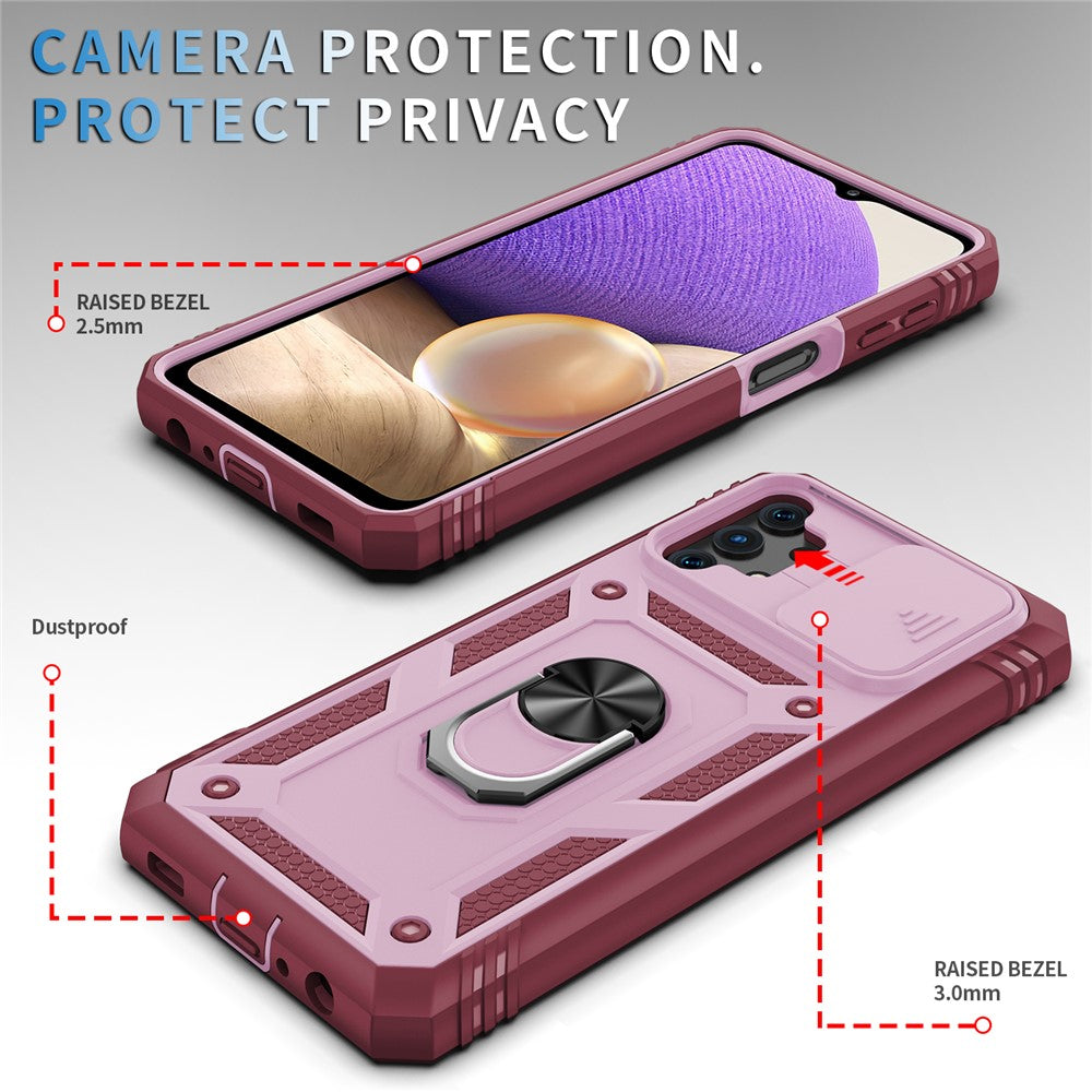 Slide Camera Protector PC + TPU Phone Case Shell with Kickstand and Card Slot for Samsung Galaxy A32 5G/M32 5G - Pink/Red