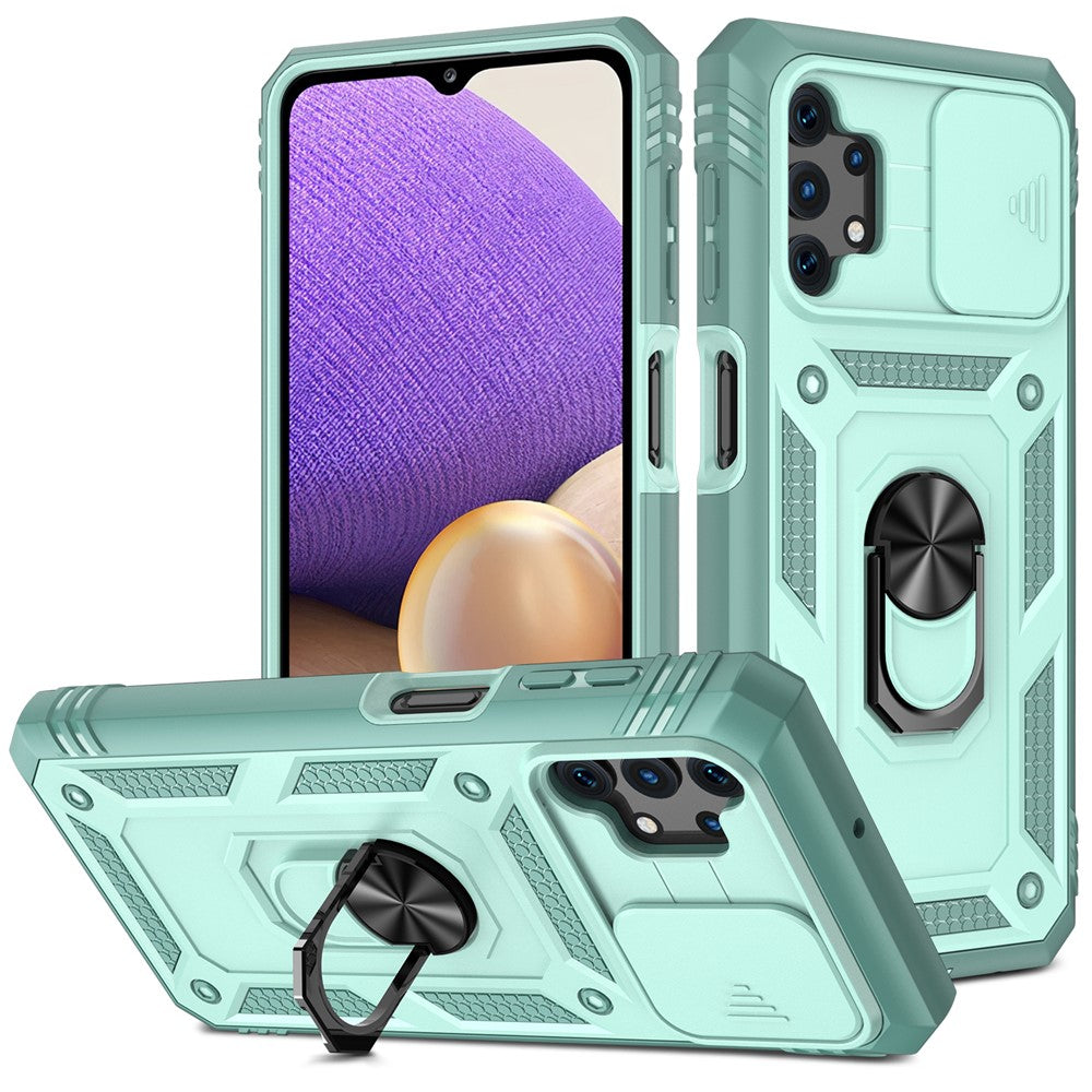 Slide Camera Protector PC + TPU Phone Case Shell with Kickstand and Card Slot for Samsung Galaxy A32 5G/M32 5G - Green