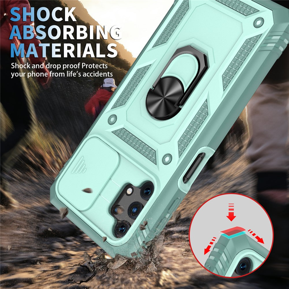 Slide Camera Protector PC + TPU Phone Case Shell with Kickstand and Card Slot for Samsung Galaxy A32 5G/M32 5G - Green