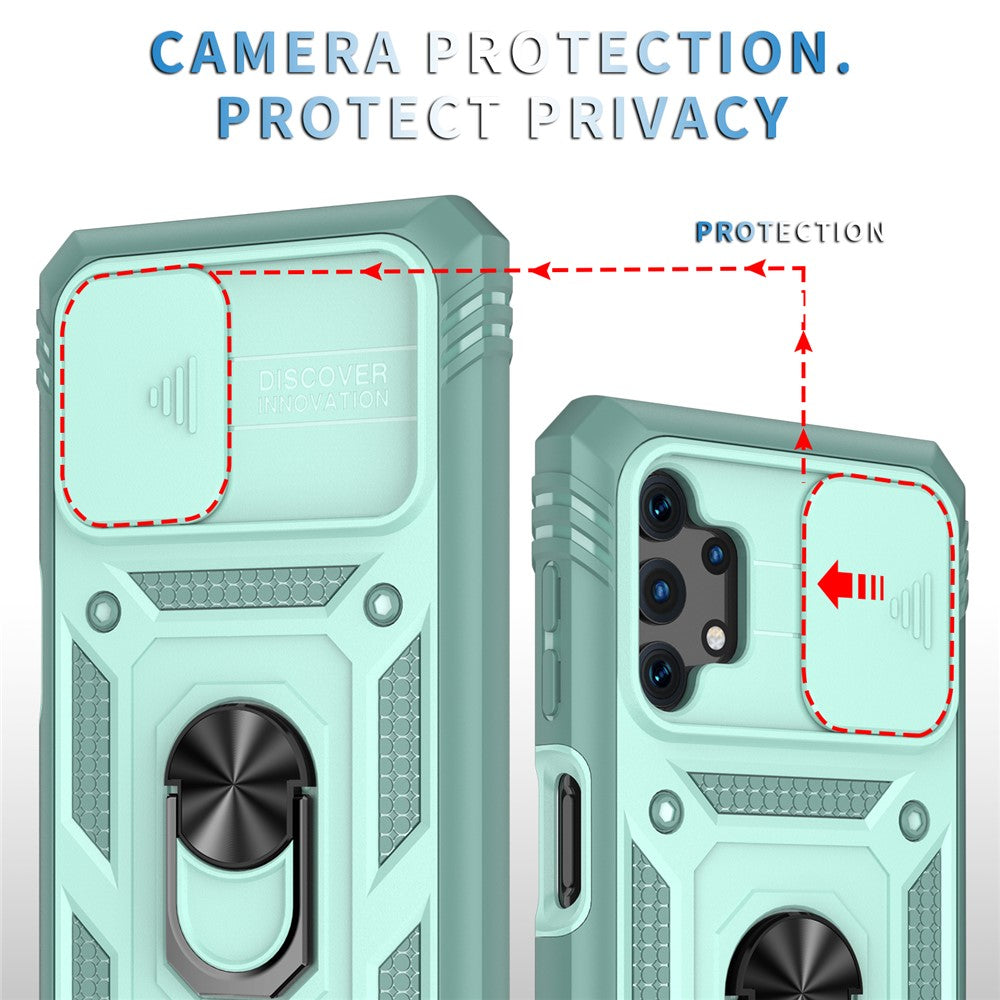 Slide Camera Protector PC + TPU Phone Case Shell with Kickstand and Card Slot for Samsung Galaxy A32 5G/M32 5G - Green