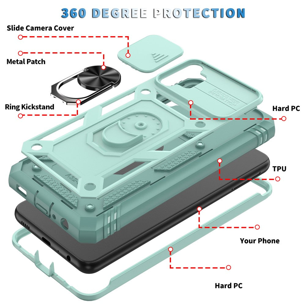 Slide Camera Protector PC + TPU Phone Case Shell with Kickstand and Card Slot for Samsung Galaxy A32 5G/M32 5G - Green
