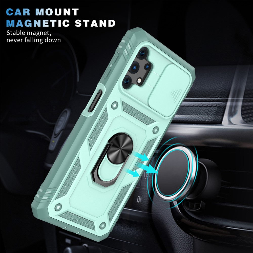 Slide Camera Protector PC + TPU Phone Case Shell with Kickstand and Card Slot for Samsung Galaxy A32 5G/M32 5G - Green