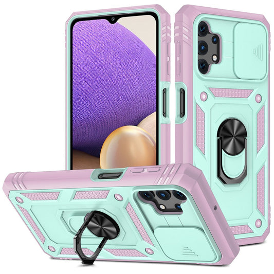 Slide Camera Protector PC + TPU Phone Case Shell with Kickstand and Card Slot for Samsung Galaxy A32 5G/M32 5G - Green/Pink