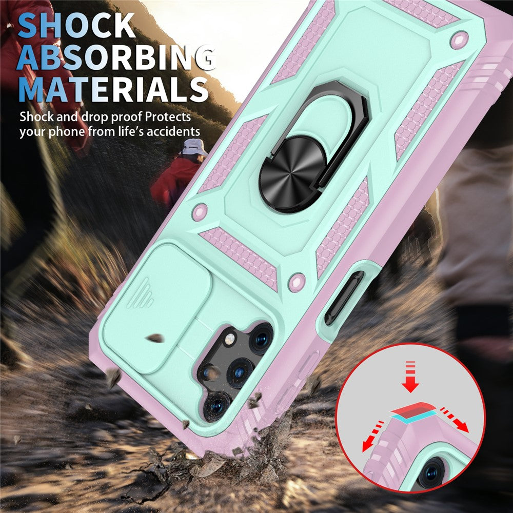 Slide Camera Protector PC + TPU Phone Case Shell with Kickstand and Card Slot for Samsung Galaxy A32 5G/M32 5G - Green/Pink