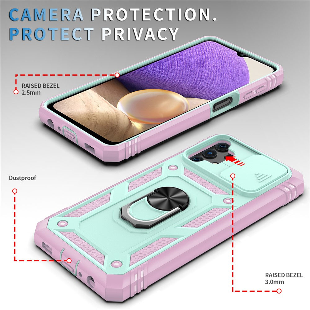 Slide Camera Protector PC + TPU Phone Case Shell with Kickstand and Card Slot for Samsung Galaxy A32 5G/M32 5G - Green/Pink
