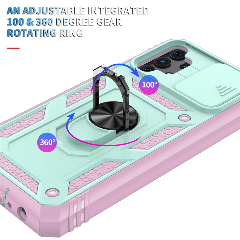 Slide Camera Protector PC + TPU Phone Case Shell with Kickstand and Card Slot for Samsung Galaxy A32 5G/M32 5G - Green/Pink