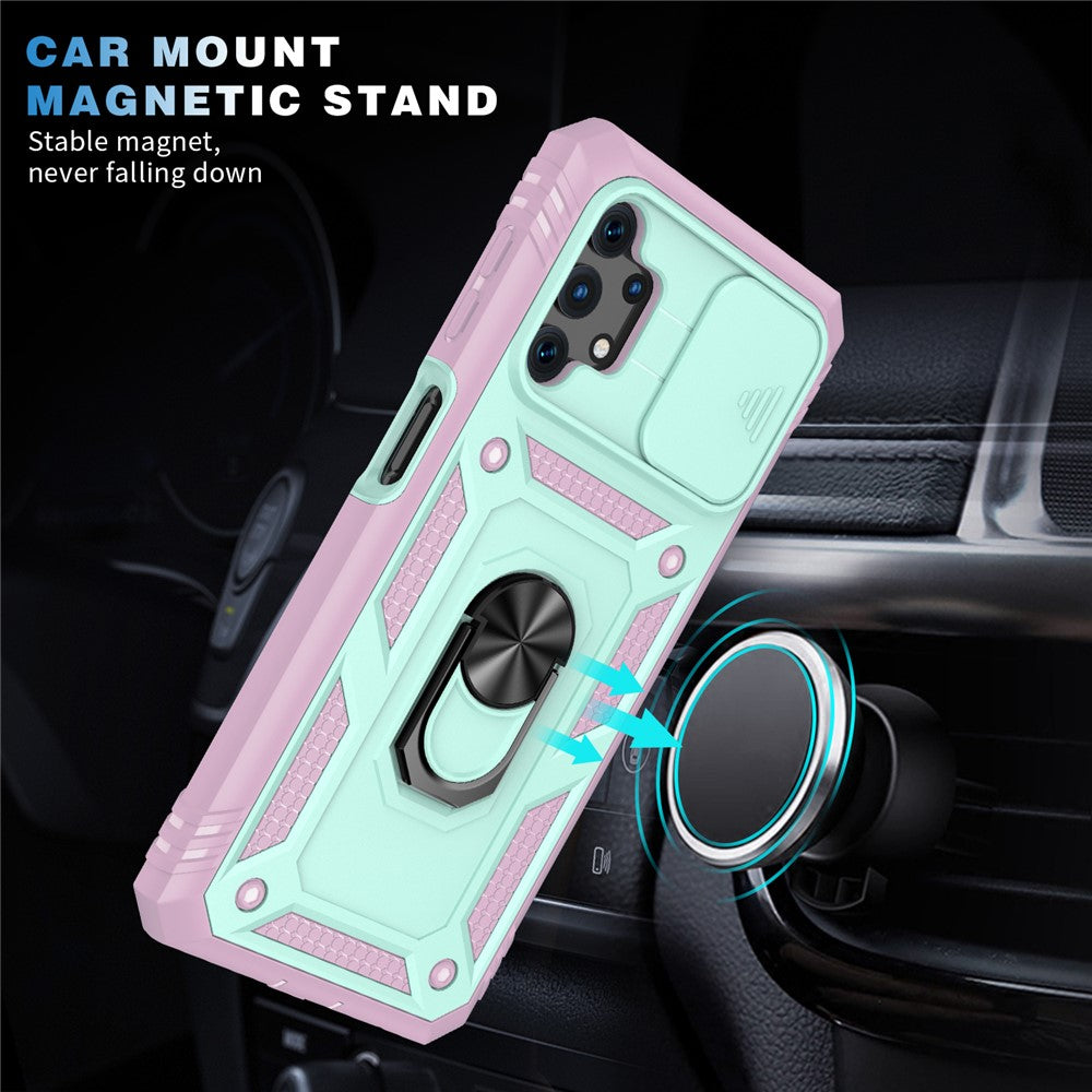 Slide Camera Protector PC + TPU Phone Case Shell with Kickstand and Card Slot for Samsung Galaxy A32 5G/M32 5G - Green/Pink