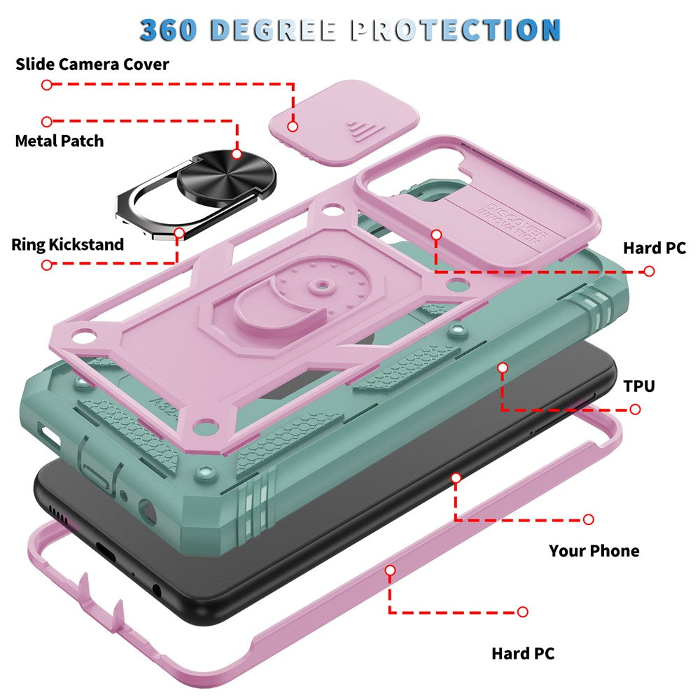 Slide Camera Protector PC + TPU Phone Case Shell with Kickstand and Card Slot for Samsung Galaxy A32 5G/M32 5G - Pink/Green