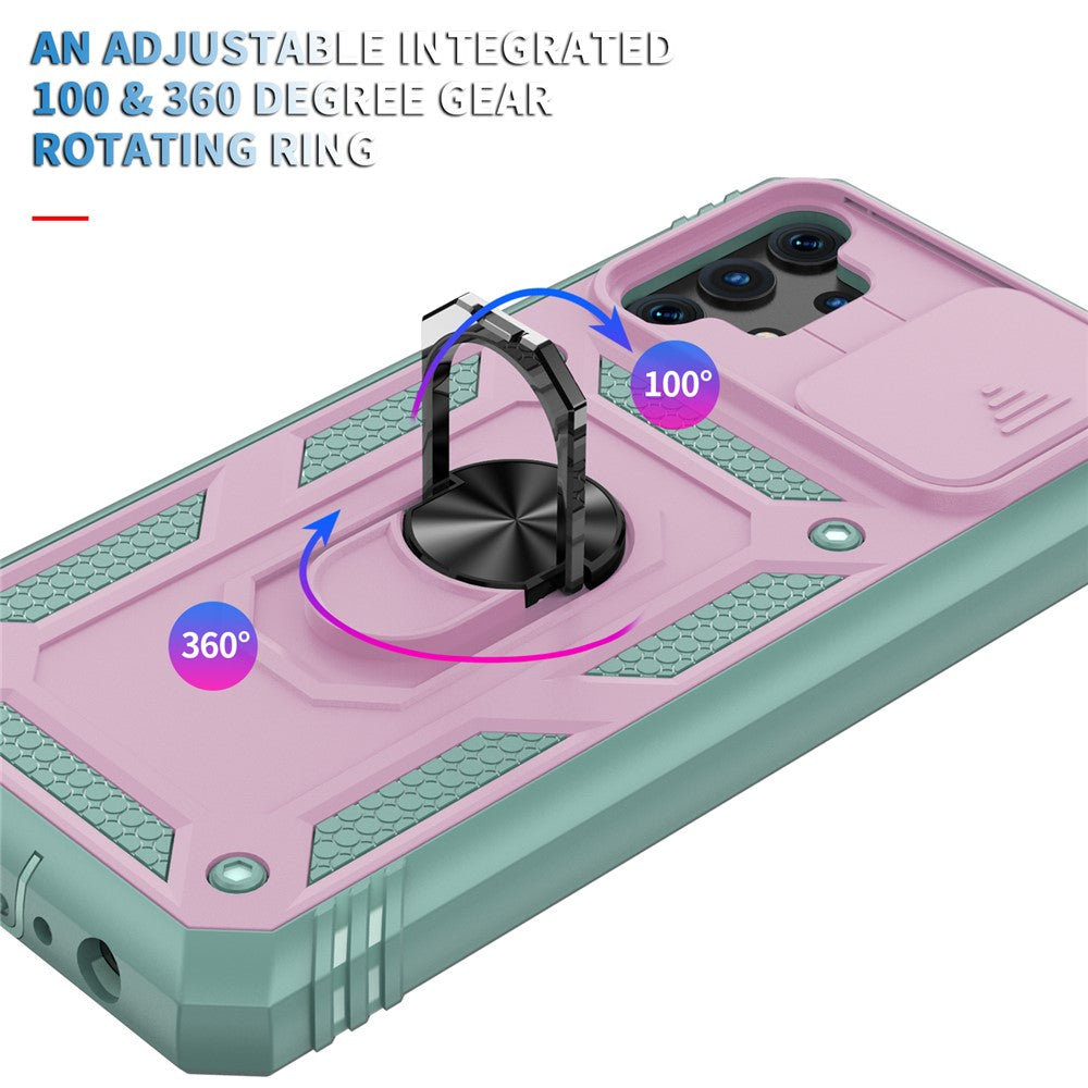 Slide Camera Protector PC + TPU Phone Case Shell with Kickstand and Card Slot for Samsung Galaxy A32 5G/M32 5G - Pink/Green