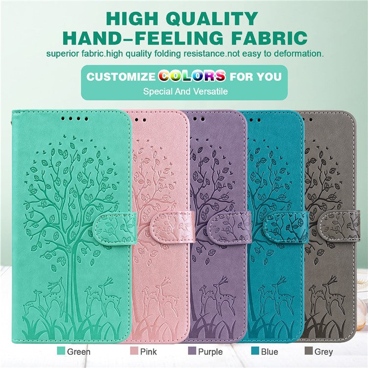 Tree and Deer Imprinted Leather Wallet Stand Phone Case with Double-sided Magnetic Clasp for Samsung Galaxy A52 5G/A52 4G/A52s 5G - Green