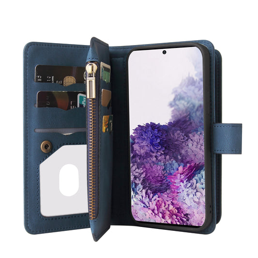KT Multi-functional Series-2 PU Leather Flip Phone Case for Samsung Galaxy S20 Plus 4G/5G, Skin-touch Feel Drop Protection Cover with Zipper Pocket and Multiple Card Slots - Blue