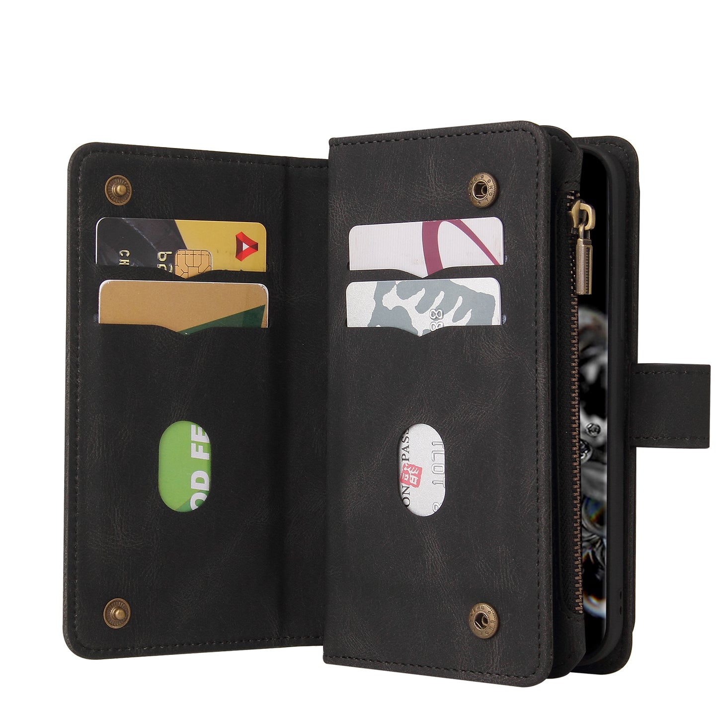 KT Multi-functional Series-2 Multiple Card Slots Skin-touch Feel Leather Flip Case for Samsung Galaxy S20 Ultra with Zipper Pocket Dustproof Phone Cover - Black
