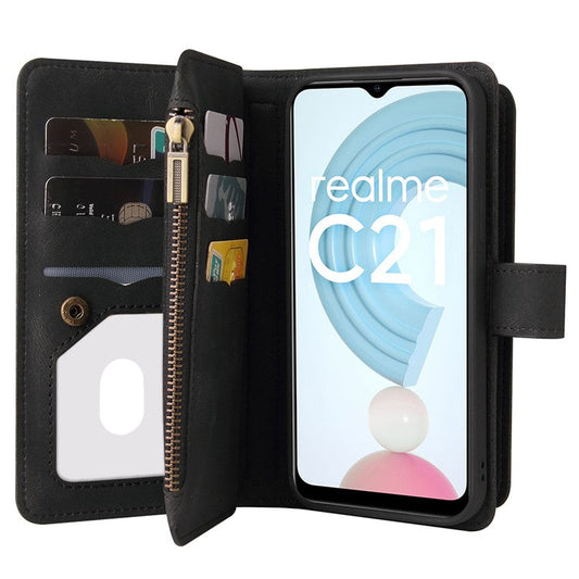 For Realme C21 KT Multi-functional Series-2 All-round Protection Skin-touch Feel Leather Wallet Stand Case with Multiple Card Slots and Zipper Pocket - Black