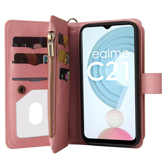 For Realme C21 KT Multi-functional Series-2 All-round Protection Skin-touch Feel Leather Wallet Stand Case with Multiple Card Slots and Zipper Pocket - Pink