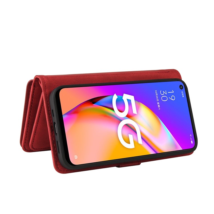 For Oppo A54 5G/A74 5G/A93 5G KT Multi-functional Series-2 Shockproof TPU Frame + Skin-touch Feel Leather Wallet Stand Case with Multiple Card Slots and Zipper Pocket - Red