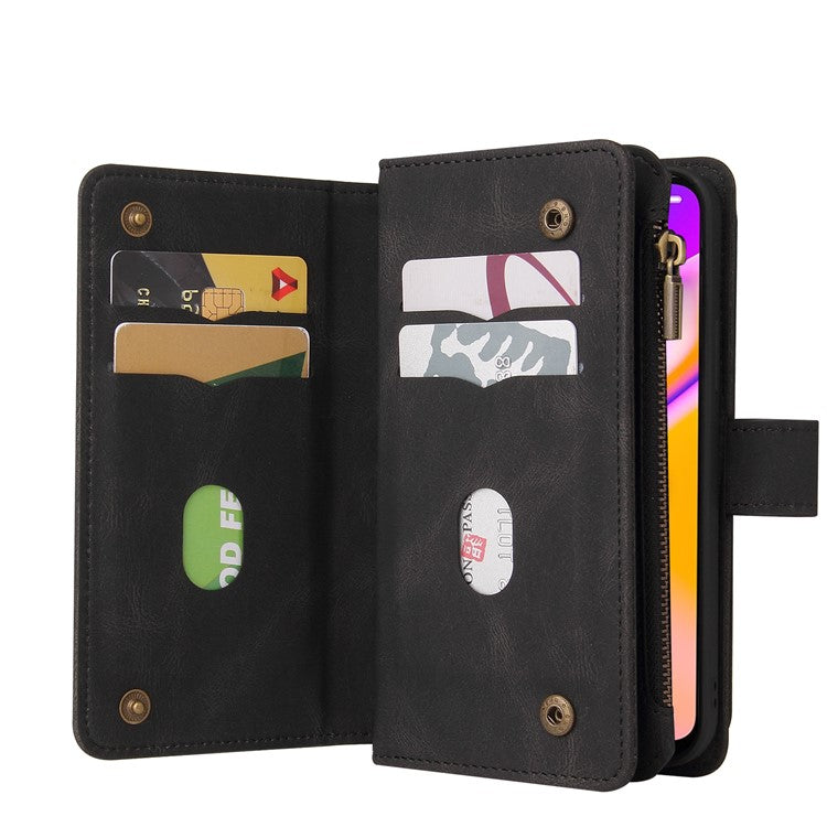For Oppo A54 5G/A74 5G/A93 5G KT Multi-functional Series-2 Shockproof TPU Frame + Skin-touch Feel Leather Wallet Stand Case with Multiple Card Slots and Zipper Pocket - Black