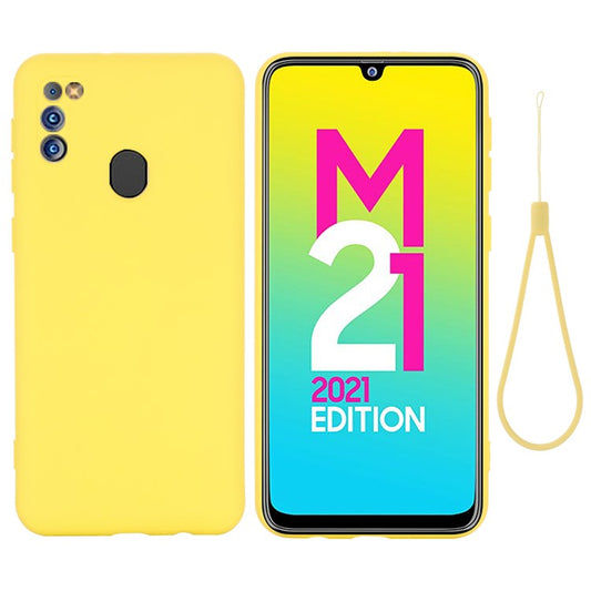 Anti-Scratch Microfiber Liner Shock Absorption Liquid Silicone Case with Strap for Samsung Galaxy M21 2021 - Yellow
