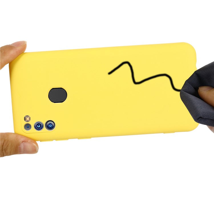 Anti-Scratch Microfiber Liner Shock Absorption Liquid Silicone Case with Strap for Samsung Galaxy M21 2021 - Yellow