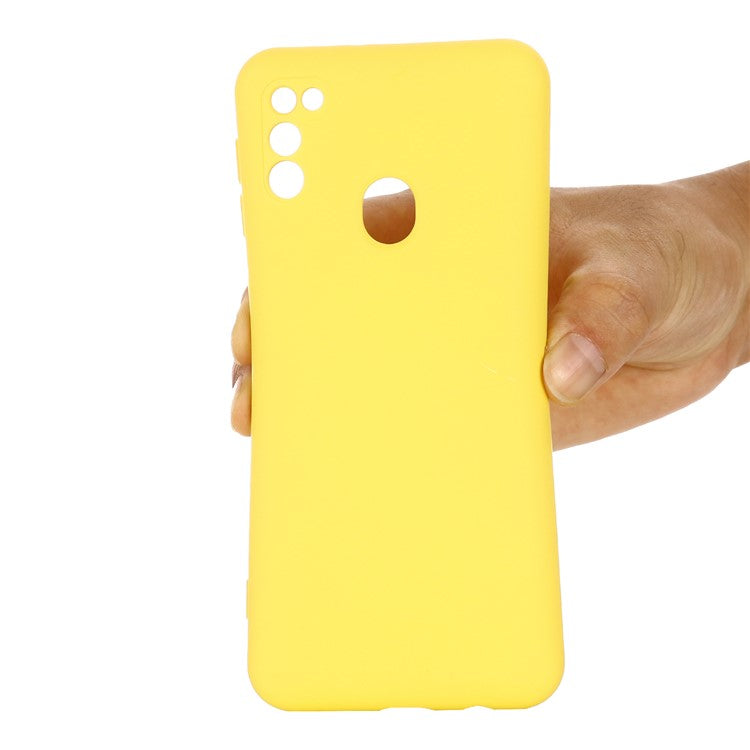 Anti-Scratch Microfiber Liner Shock Absorption Liquid Silicone Case with Strap for Samsung Galaxy M21 2021 - Yellow