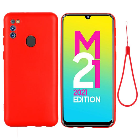 Anti-Scratch Microfiber Liner Shock Absorption Liquid Silicone Case with Strap for Samsung Galaxy M21 2021 - Red
