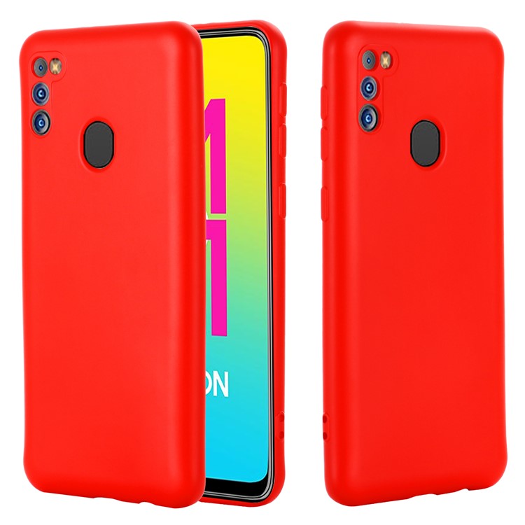 Anti-Scratch Microfiber Liner Shock Absorption Liquid Silicone Case with Strap for Samsung Galaxy M21 2021 - Red