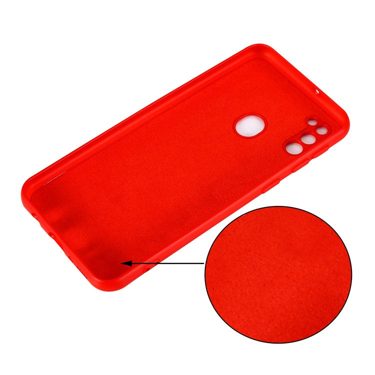 Anti-Scratch Microfiber Liner Shock Absorption Liquid Silicone Case with Strap for Samsung Galaxy M21 2021 - Red
