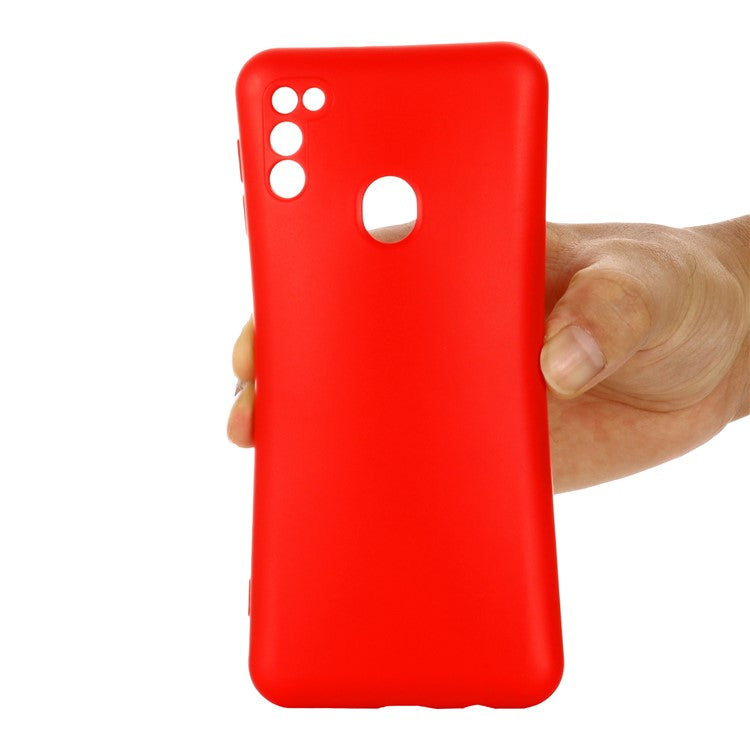 Anti-Scratch Microfiber Liner Shock Absorption Liquid Silicone Case with Strap for Samsung Galaxy M21 2021 - Red