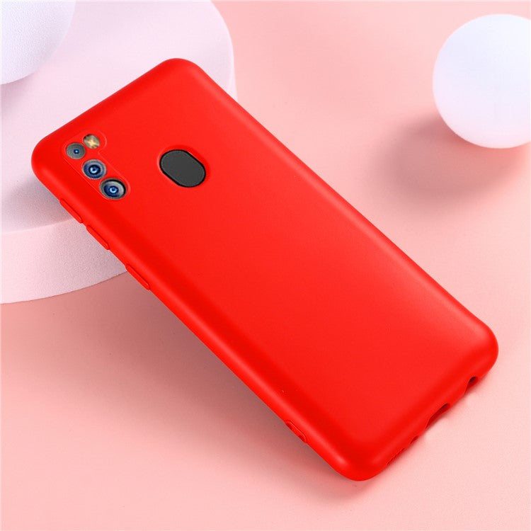 Anti-Scratch Microfiber Liner Shock Absorption Liquid Silicone Case with Strap for Samsung Galaxy M21 2021 - Red