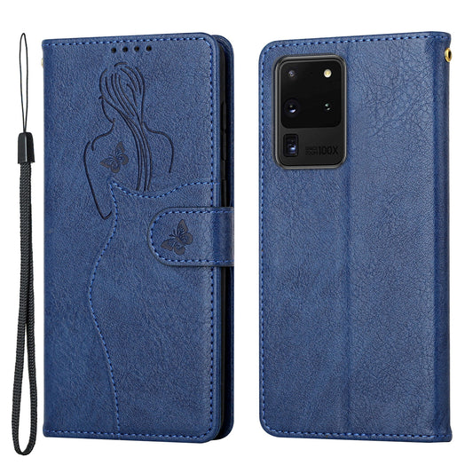 Imprinting Girl Pattern Stand Wallet Design PU Leather Protective Phone Case Shell for Samsung Galaxy S20 Ultra - Blue