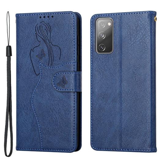 All-round Protection Imprinting Girl Pattern Leather Phone Case Wallet Stand Cover for Samsung Galaxy S20 FE 4G/5G/S20 Lite/S20 FE 2022 - Blue