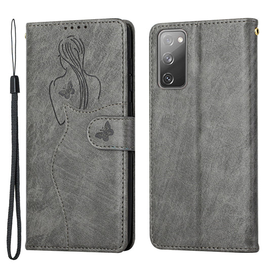 All-round Protection Imprinting Girl Pattern Leather Phone Case Wallet Stand Cover for Samsung Galaxy S20 FE 4G/5G/S20 Lite/S20 FE 2022 - Grey
