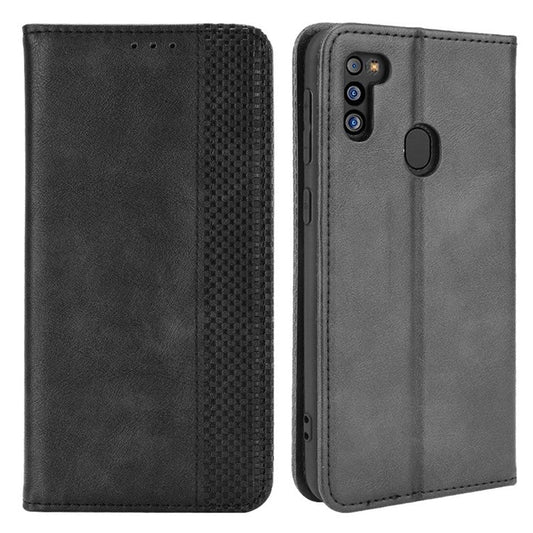 Vintage Magnetic Auto-absorbed Leather Wallet Stand Phone Case Shell Protector for Samsung Galaxy M21 2021 - Black