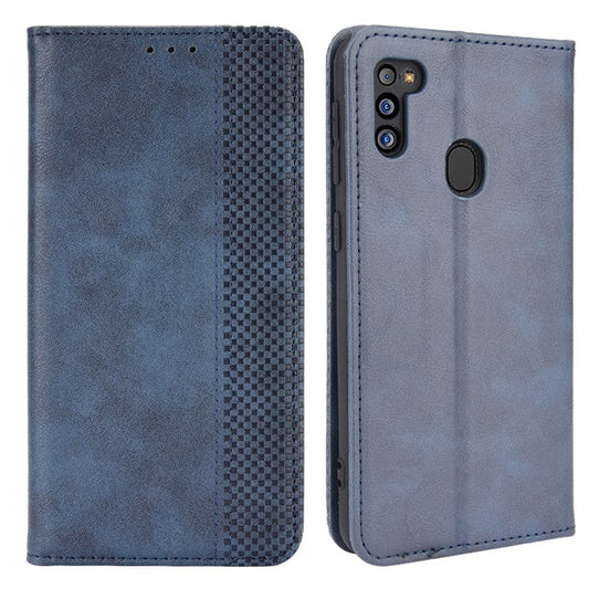 Vintage Magnetic Auto-absorbed Leather Wallet Stand Phone Case Shell Protector for Samsung Galaxy M21 2021 - Blue