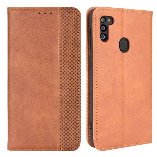 Vintage Magnetic Auto-absorbed Leather Wallet Stand Phone Case Shell Protector for Samsung Galaxy M21 2021 - Brown