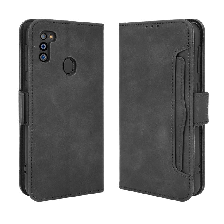 For Samsung Galaxy M21 2021 Flip Phone Case PU Leather+TPU Phone Cover Multiple Card Slot Practical Wallet Stand Protective Case - Black