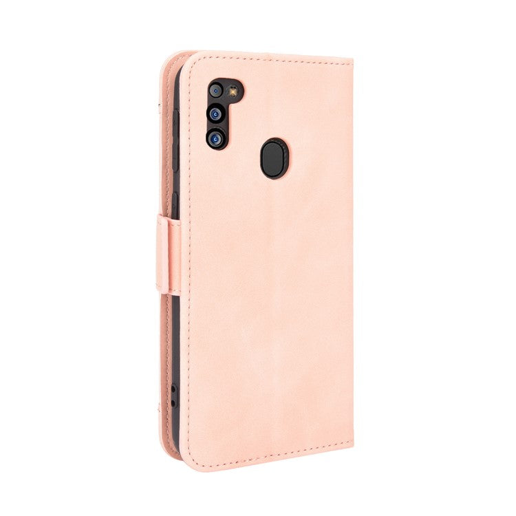 For Samsung Galaxy M21 2021 Flip Phone Case PU Leather+TPU Phone Cover Multiple Card Slot Practical Wallet Stand Protective Case - Pink