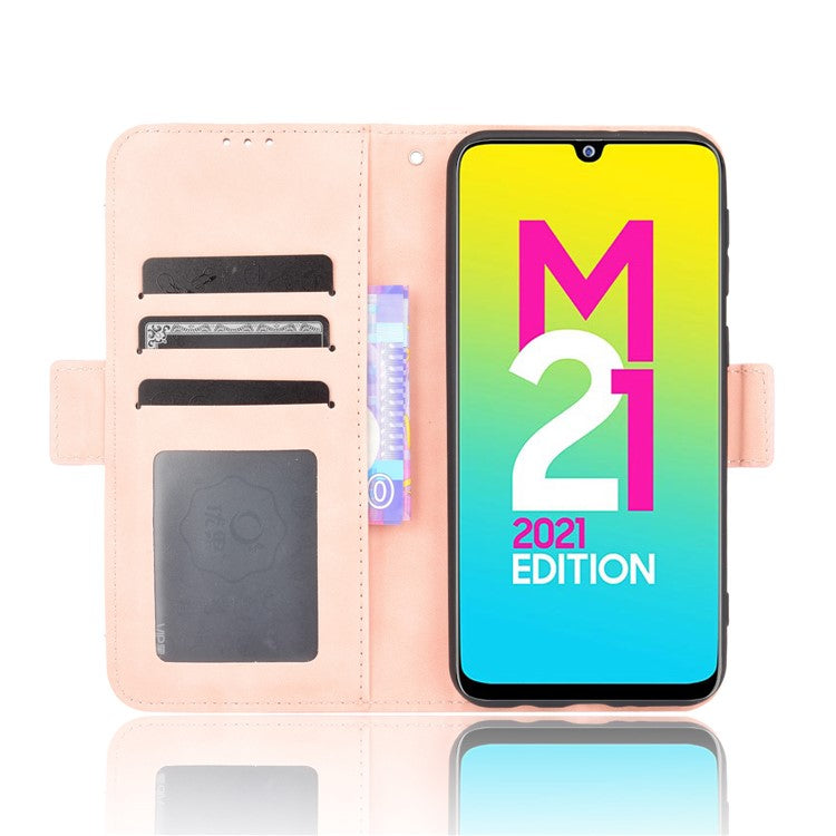 For Samsung Galaxy M21 2021 Flip Phone Case PU Leather+TPU Phone Cover Multiple Card Slot Practical Wallet Stand Protective Case - Pink