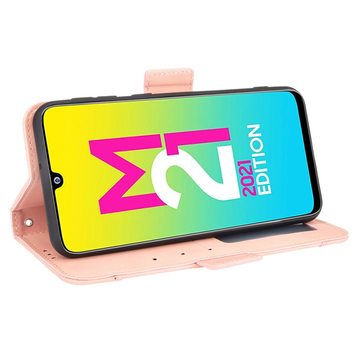 For Samsung Galaxy M21 2021 Flip Phone Case PU Leather+TPU Phone Cover Multiple Card Slot Practical Wallet Stand Protective Case - Pink