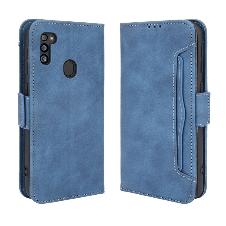 For Samsung Galaxy M21 2021 Flip Phone Case PU Leather+TPU Phone Cover Multiple Card Slot Practical Wallet Stand Protective Case - Blue