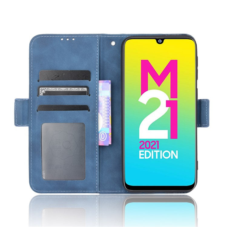 For Samsung Galaxy M21 2021 Flip Phone Case PU Leather+TPU Phone Cover Multiple Card Slot Practical Wallet Stand Protective Case - Blue