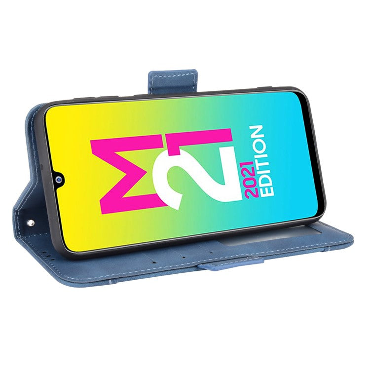 For Samsung Galaxy M21 2021 Flip Phone Case PU Leather+TPU Phone Cover Multiple Card Slot Practical Wallet Stand Protective Case - Blue