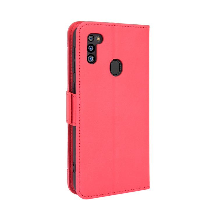 For Samsung Galaxy M21 2021 Flip Phone Case PU Leather+TPU Phone Cover Multiple Card Slot Practical Wallet Stand Protective Case - Red