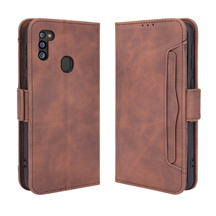 For Samsung Galaxy M21 2021 Flip Phone Case PU Leather+TPU Phone Cover Multiple Card Slot Practical Wallet Stand Protective Case - Brown