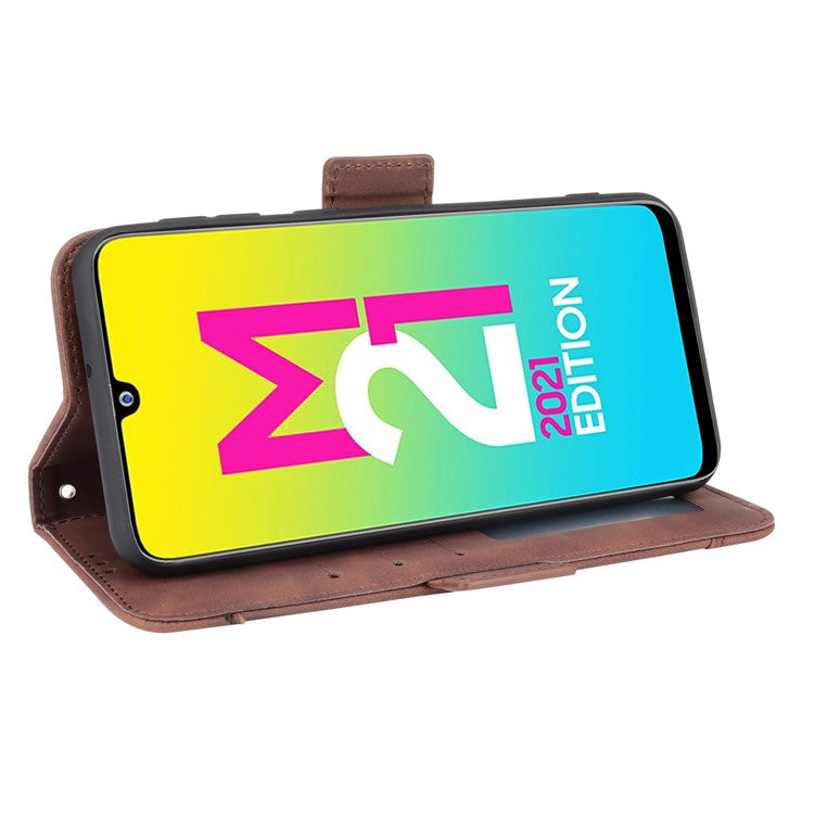For Samsung Galaxy M21 2021 Flip Phone Case PU Leather+TPU Phone Cover Multiple Card Slot Practical Wallet Stand Protective Case - Brown